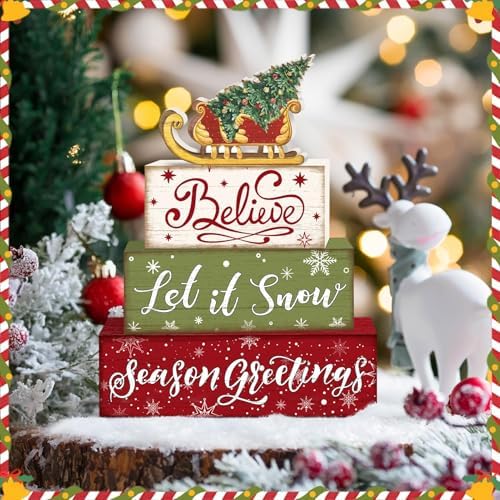 Britimes Tiered Tray Decor Set, 4 Pack, Wooden Table Sign, Sleigh Tree