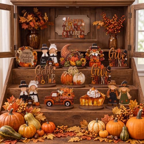 12 Pcs Fall Thanksgiving Table Decor Turkey Scarecrow Wooden Centerpiece