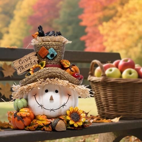 Hodao Thanksgiving Pumpkin Decorations, Resin Fall Autumn Figurine with Straw Hat, Birds, Acorns & Sunflowers, Give Thanks Sign, Festive Gift for Home Tabletop Mantel Thanksgiving Decorations (White)