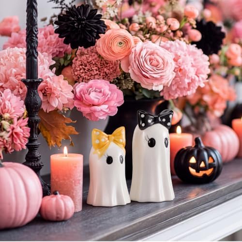Set of 2 Halloween Ghost Figurines, White Ceramic Ghost Statue with Bowknot
