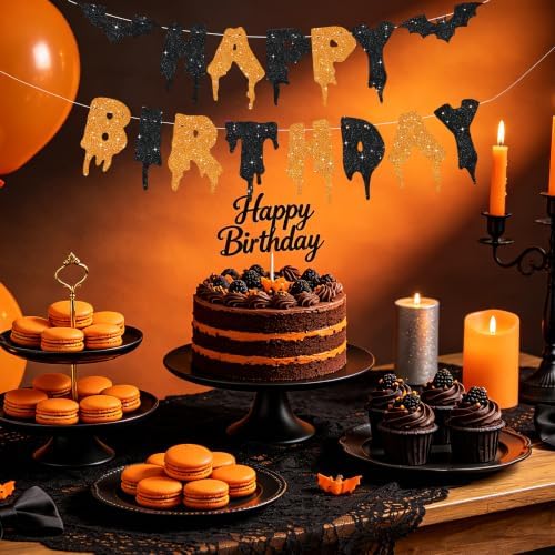 Glitter Happy Birthday Halloween Banner - NO DIY - Halloween Hanging Paper Garland Bunting Banner Decorations, Party Supplies for Kids Boy Girl Birthday Black Orange