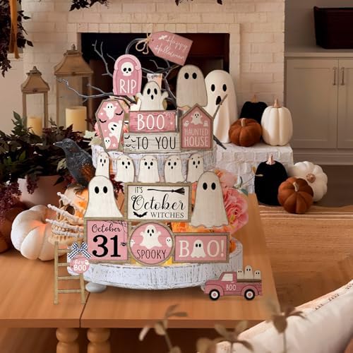 MiniInflat Halloween Tiered Tray Decorations Set, Wood, Ghost, Pink White