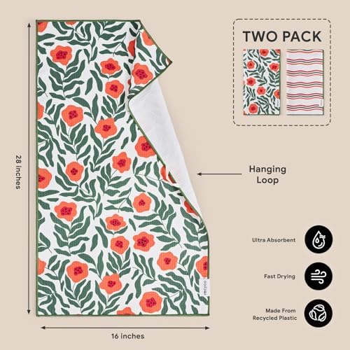 RECYCO Waffle Kitchen Towel Set of 2 - Quick Dry Microfiber Sustainable Dish Towels - Ultra Absorbent Reusable Cleaning Tea Towels - Lightweight Hand Towels,16”x 28”, Poppy Waves