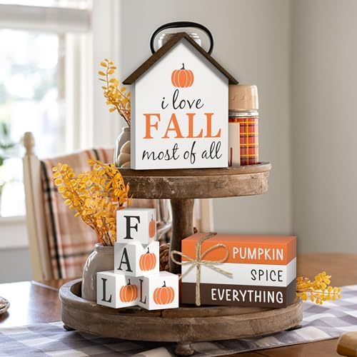 Fall Decorations Pumpkin Faux Books, 8 Pcs Fall Tiered Tray Decor Book Stack Wooden Signs, Farmhouse Rustic Wooden Decor for Home Kitchen Office Table