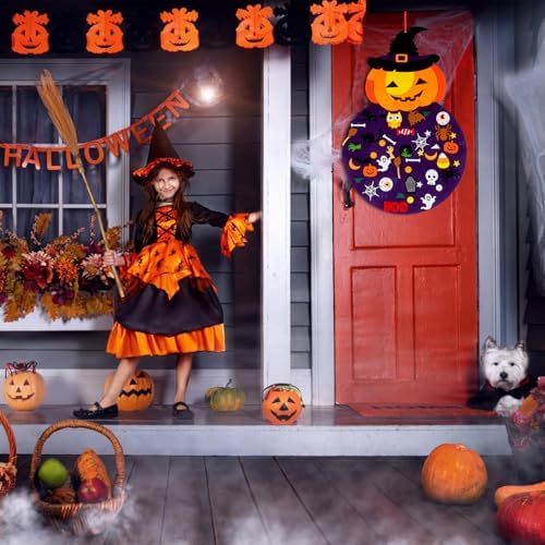 Tnoeuz DIY Halloween Felt Pumpkin Witch Hanging Decor Halloween Felt Crafts Kits Adhesive Ornaments Party Favors Home Wall Decorations Indoors Outdoors