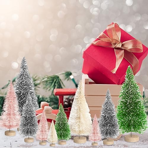 8pcs Mini Christmas Tree, Artificial Bottle Brush Trees with Wood Base, Tabletop Miniature XmasTrees with 4 Small Christmas Wreath, Fake Xmas Tree Ornament, White Christmas Tree for Christmas Décor