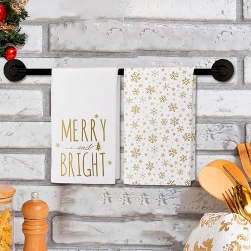 JOOCAR Gold Christmas Kitchen Towels Merry and Bright Christmas Kitchen Decor Dish Towels Set of 2, 16x27 Inch Seasonal Drying Dishcloth, Gold Snowflake Decoration Hand Towels