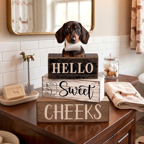 Moucuny 4 Pcs Farmhouse Dachshund Bathroom Decor, Hello Sweet Cheeks, Wood