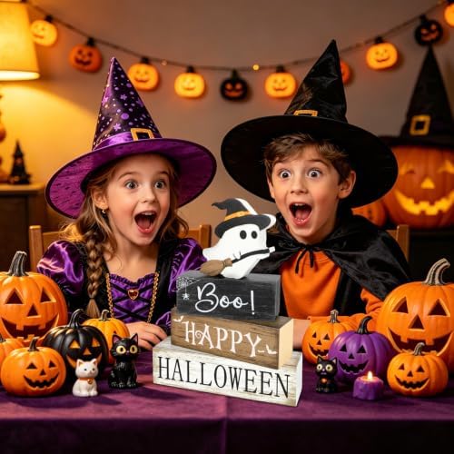 4Pcs Halloween Table Decorations Indoor, Farmhouse Halloween Cute Ghost Block Decorations, Rustic Ghost Table Centerpieces Signs Tiered Tray Decor for Home Mantel Shelf Office Party Supplies