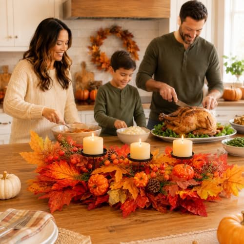 27.56" Fall Candle Holder Centerpiece, Thanksgiving Table Decor with Metal Candle Cups Large Foldable Autumn Leaves Pumpkins Candle Holder for Farmhouse Dining Table Mantel Home Party Decor