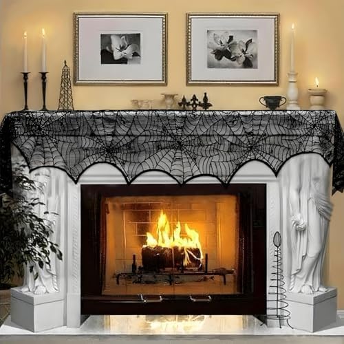 Halloween Spiderweb Decorations - 18inch × 96inch Halloween Mantel Scarf - Black Lace Spiderweb Mantle Scarf for Halloween Home Party Supplies - Halloween Party Decorations