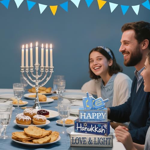 Lineshading 4 Pcs Wooden Hanukkah Decor Farmhouse Blocks with Dreidel