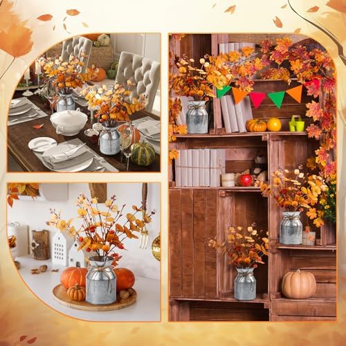 Thiccywoov 4 Set Thanksgiving Fall Table Centerpiece Decorations Artificial Orange Pumpkins Eucalyptus with Metal Vase Faux Pumpkins Plants in Pots for Autumn Harvest Party Home Dining Table Decor
