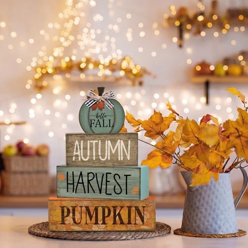 Lineshading 4 Pcs Fall Wood Block Signs Pumpkin Harvest Tiered Tray Decor