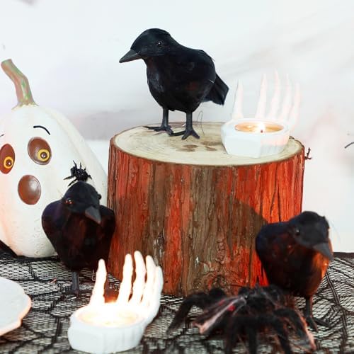 ATDAWN Halloween Birds, Black Feathered Crows, Realistic Looking Halloween Birds Decoration Birds, 6.2" (6)