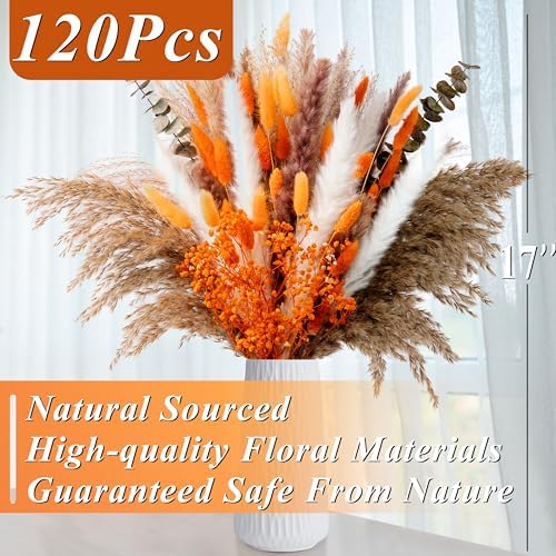 120Pcs 17" Orange Dried Pampas Grass Bouquet, Boho Floral Home Decor