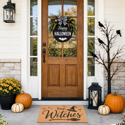 Halloween Door Mat Sup Witches Welcome Mat with Hat Broom Bat 17" x 29.5"