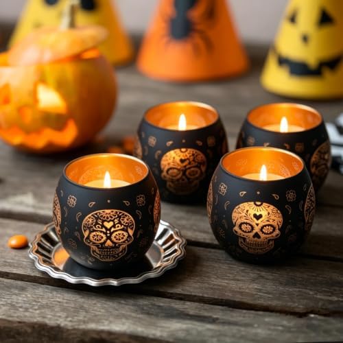 Day of Dead Skull Glass Votive Set, 6-Pack Black Halloween Candle Holder