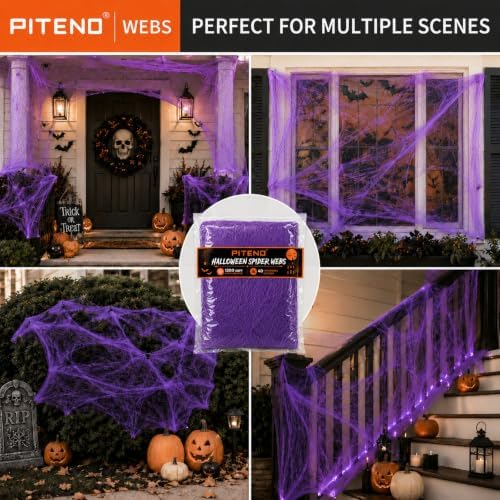 Piteno® 1200 sqft Spider Webs Halloween Decorations with 40 Fake Spiders, Stretchable Halloween Spider Webs for Indoor Outdoor Haunted House Yard Porch Party Decor (Purple)