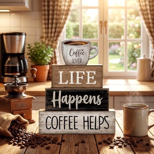 Moucuny 4 Pcs Wooden Coffee Bar Signs Farmhouse Table Decor Blocks