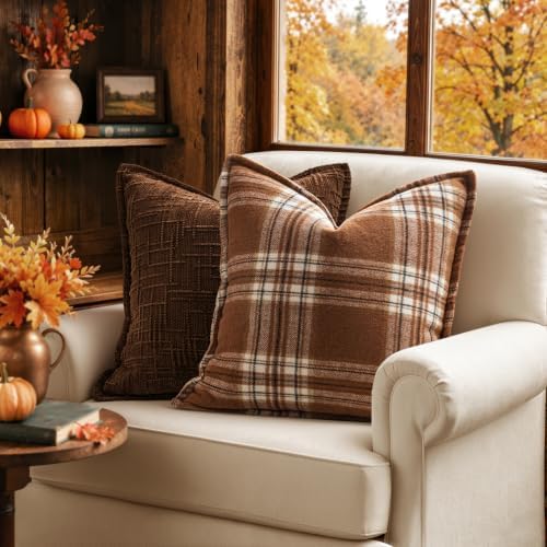 MIULEE Fall Plaid Pillow Covers 18x18 Brown and White Fall Decorations for Home