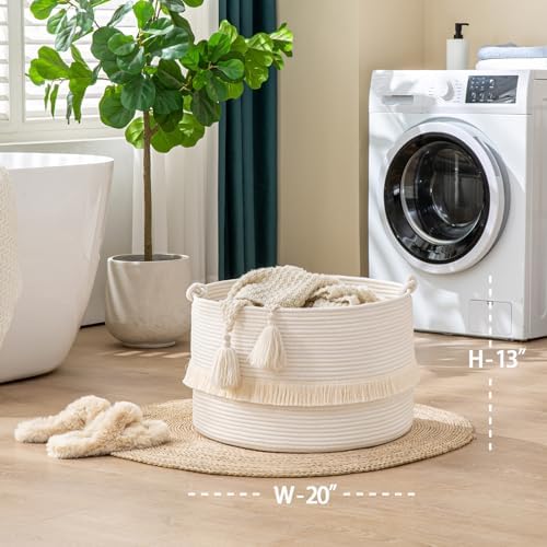 KAKAMAY Large Blanket Basket (20"x13"),Woven Baskets for storage Baby Laundry Hamper, Cotton Rope Blanket Basket for