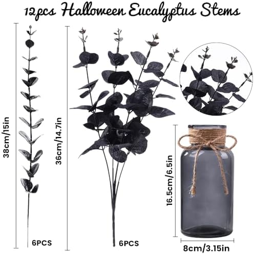DIYDEC 12Pcs Black Eucalyptus Stems Flowers with Glass Vase for Table Decor