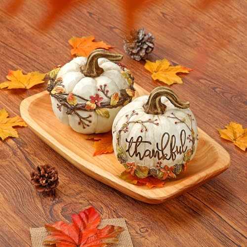 Fall Pumpkin Decor 2Pcs Fake pumpkins White Resin Carved Pumpkin Big Decorative Faux Pumpkins Artificial Pumpkins for Decorating Home Table Farmhouse Mantel Halloween Thanksgiving Harvest Centerpieces