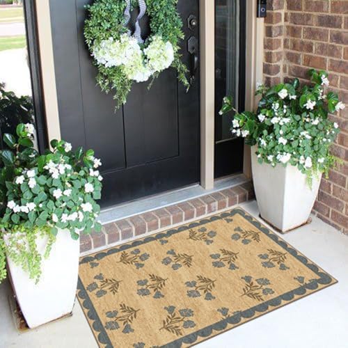 Front Door Mat Outside Entrance - 2x3 Jute-Look Blue Floral Rug
