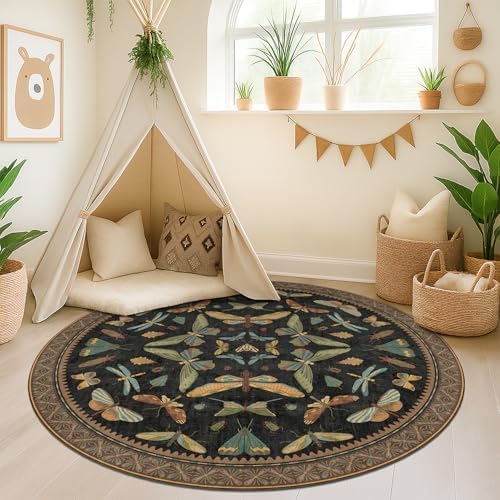 Hazo Haus Washable Black 6ft Round Area Rugs for Bedroom Beside Bed - Dark Unique Insect Print Circle Rug for Living