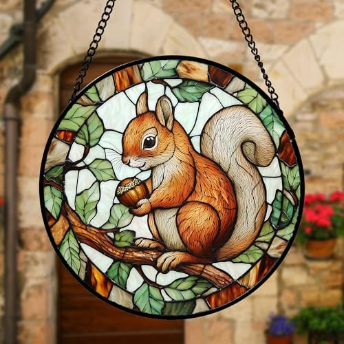 Red Squirrel with Acorn Stained Glass Window Hanging Suncatcher Gift 7.8"