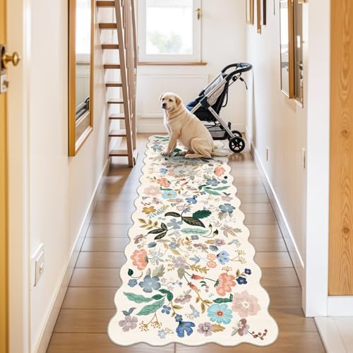 2x10 Washable Hallway Runner Rug: Long Floral Scalloped Soft Runners for Kitchen Entry Thin Non Slip Bathroom Nursery