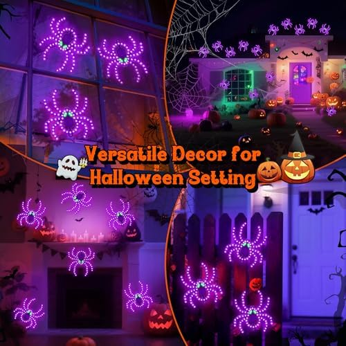 3 Pack 9" Halloween Classics Twinkling LED Spiders, Hi-Vibrant Aluminum Frame Spiders Window Silhouette Lights, 234 Purple and 12 Green LED Lights, Holiday Indoor Outdoor Decoration