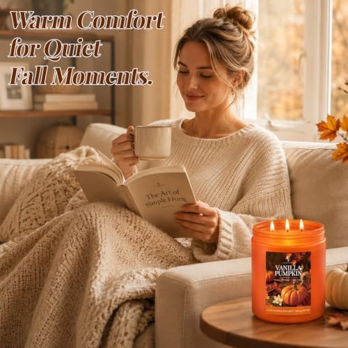 Large Fall Candle Vanilla Pumpkin Scented, 3-Wick 22oz Long Lasting