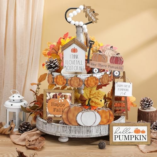 Reallnaive 18 Pcs Fall Thanksgiving Tiered Tray Decor Set Pumpkin Wood Sign Hello Fall Rustic Farmhouse Tray Decoration Tabletop Sign for Autumn Home Kitchen Festival(Classic Pumpkin)