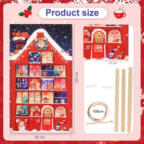 HOWAF Red House Fabric Christmas Advent Calendar with Pockets (Countdown to Christmas), 24 Days Mystery Christmas Countdown Calendar for Xmas Holiday Home Wall Decoration