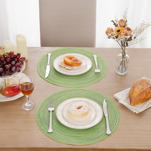 SHACOS Round Placemats Set of 6 for Dining Tables 15 inch Cotton Braided Placemats Washable Reversible for Kitchen Holiday Party (Mixed Color Pea Green, 6)