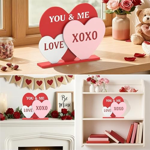 OLANRUN Valentines Day Decorations, 8.7 Inch Valentine Table Decorations Wooden Heart Sign with Letter LOVE XOXO, Valentines Day Decor Indoor for Home Office Kitchen Tiered Tray Table Fireplace Mantel