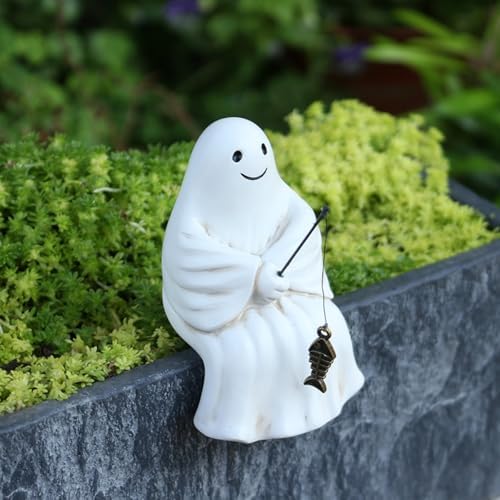 Fishing Ghost Statue Funny Halloween Decorations, 3.35 Inch Cute Sitting Ghost Figurine Shelf Sitter Resin Sculpture for Outdoor Garden Yard Lawn Pond Waterfalls Pool Ornaments