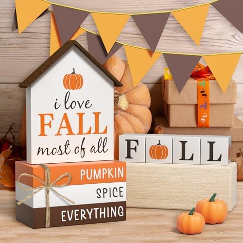 Fall Decorations Pumpkin Faux Books, 8 Pcs Fall Tiered Tray Decor Book Stack Wooden Signs, Farmhouse Rustic Wooden Decor for Home Kitchen Office Table