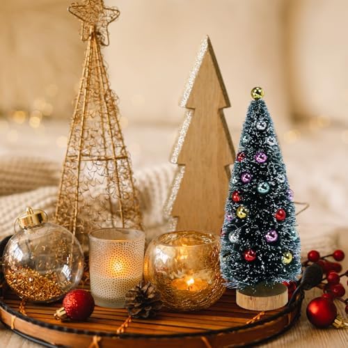 Winlyn 6 Pcs Mini Tabletop Christmas Trees 6.3 Inch Frosted Green Bottle Brush Trees with Wood Bases Small Sisal Trees with White Snow and Ornaments for Winter Christmas Holiday Decor Tiered Display
