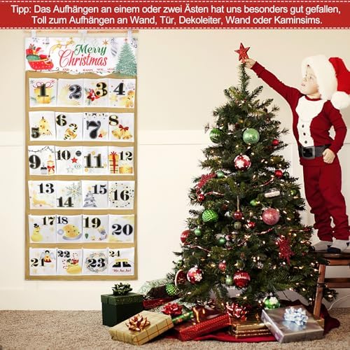 HOWAF Christmas Fabric Advent Calendar, 58 x 128 cm Fillable Advent Calendar 2026, Christmas Countdown Calendar with 24 Large Pockets to Fill Yourself, Hanging Calendar Countdown to Xmas