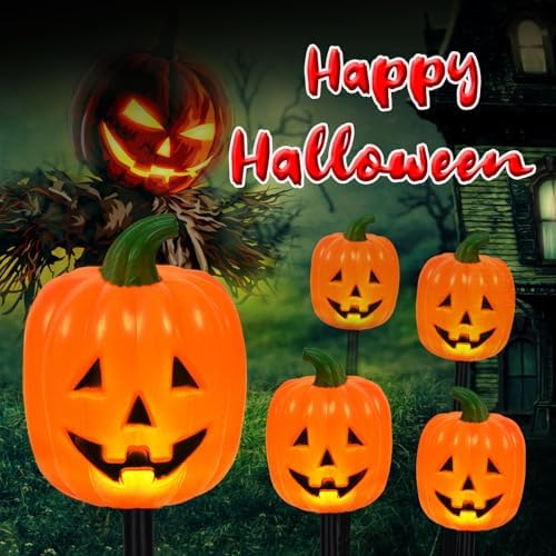 BRIGHTDECK Halloween Pumpkin Stake Lights, Set of 10 Decorative Solar Pumpkin Lights, Waterproof Halloween Decorations for Outdoor Garden and Yard
