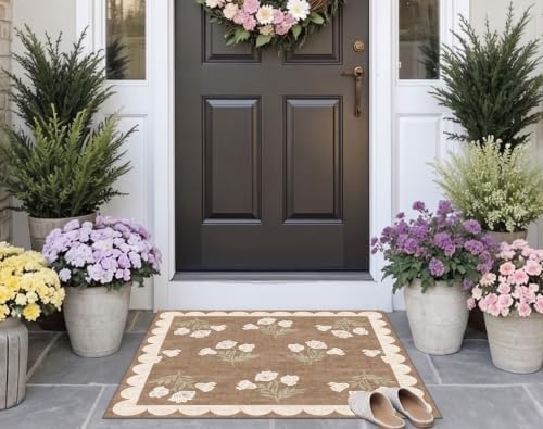 3x3 Square Entryway Rug - Non-Slip Washable Front Door Mat Indoor Outside Entrance Small Porch Rug Tan Neutral Floral