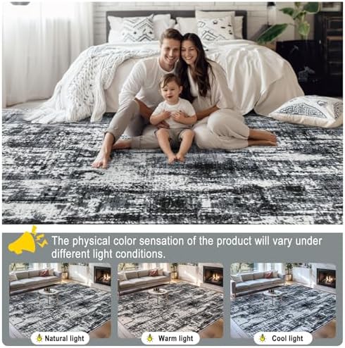 PLHXFR 9x12 Area Rug Living Room: Modern Abstract Washable Carpet Black