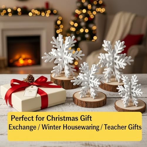 Bucherry 12 Pcs Wooden Snowflakes Table Decor,White