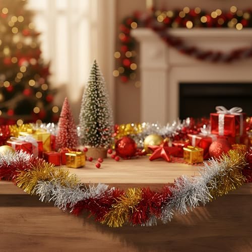 Shappy 90 ft 6 Rolls Christmas Tinsel Garland for Tree, Gold, Silver, Red