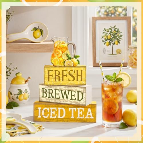 Moucuny 4 Pcs Summer Lemon Table Decorations Iced Tea Tiered Tray Decor