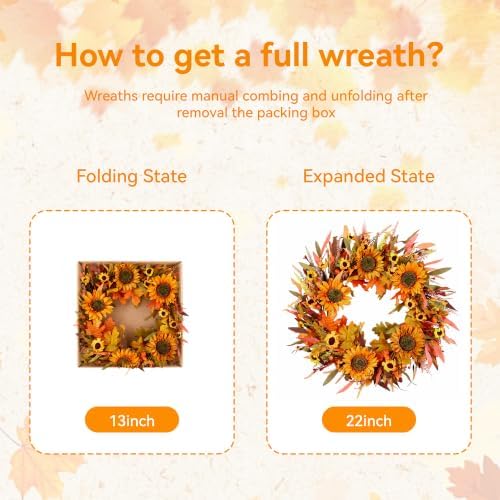 Pinkpum 24" Fall Wreath Front Door Sunflower Artificial Wall Decor Autumn