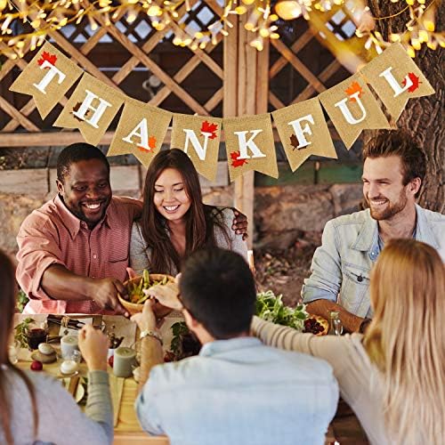 Whaline Thankful Burlap Banner Rustic Thanksgiving Garland Fall Maple Leaves Decorations Thanksgiving Mantel Fireplace Wall Hanging for Autumn Harvest Thankful Party Home Decor